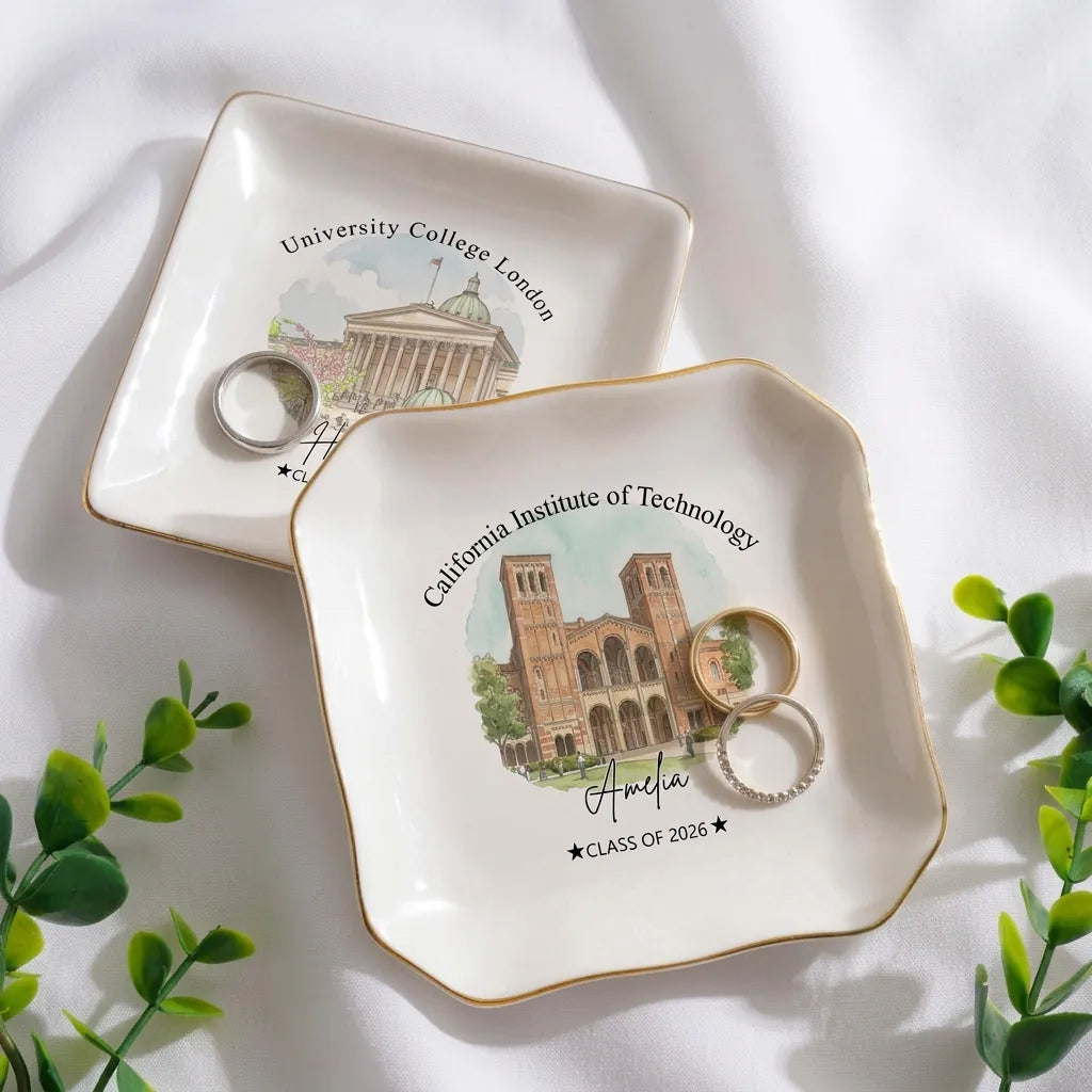 Custom photo graduation ring dish displayed elegantly on wooden bedroom nightstand