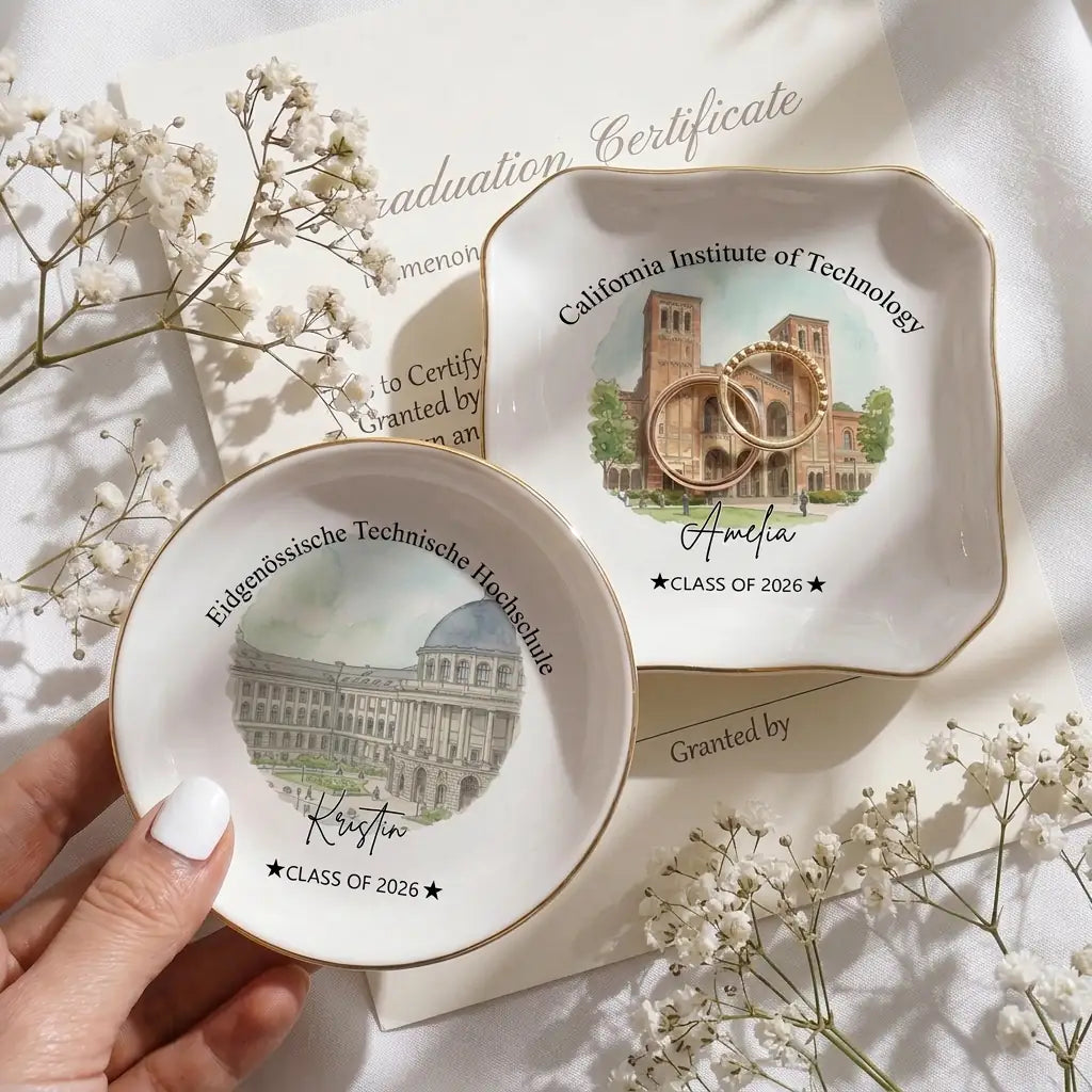 Custom photo graduation ring dish displayed elegantly on wooden bedroom nightstand