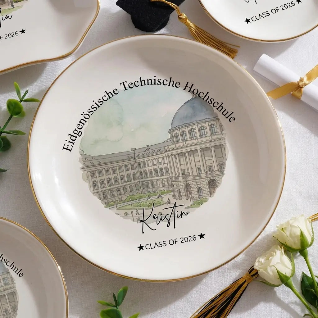 Custom photo graduation ring dish displayed elegantly on wooden bedroom nightstand