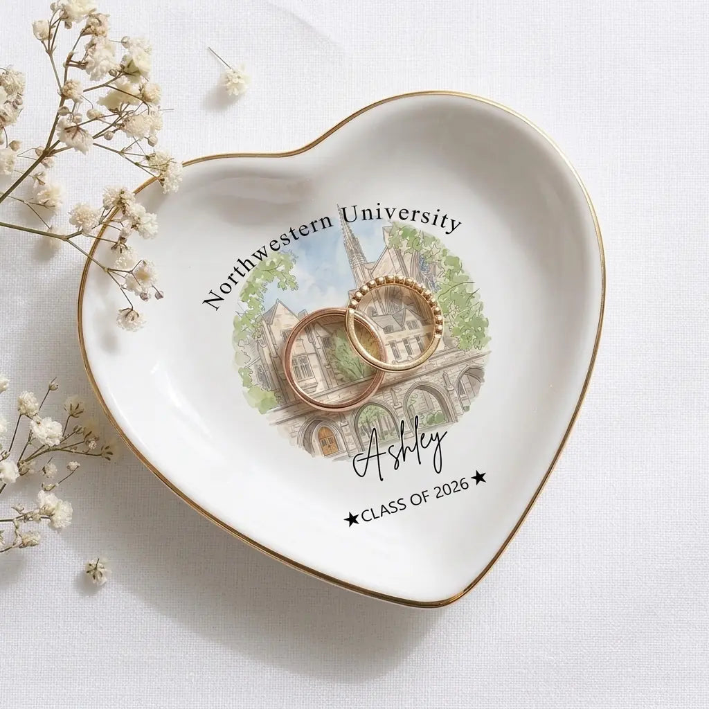 Custom photo graduation ring dish displayed elegantly on wooden bedroom nightstand