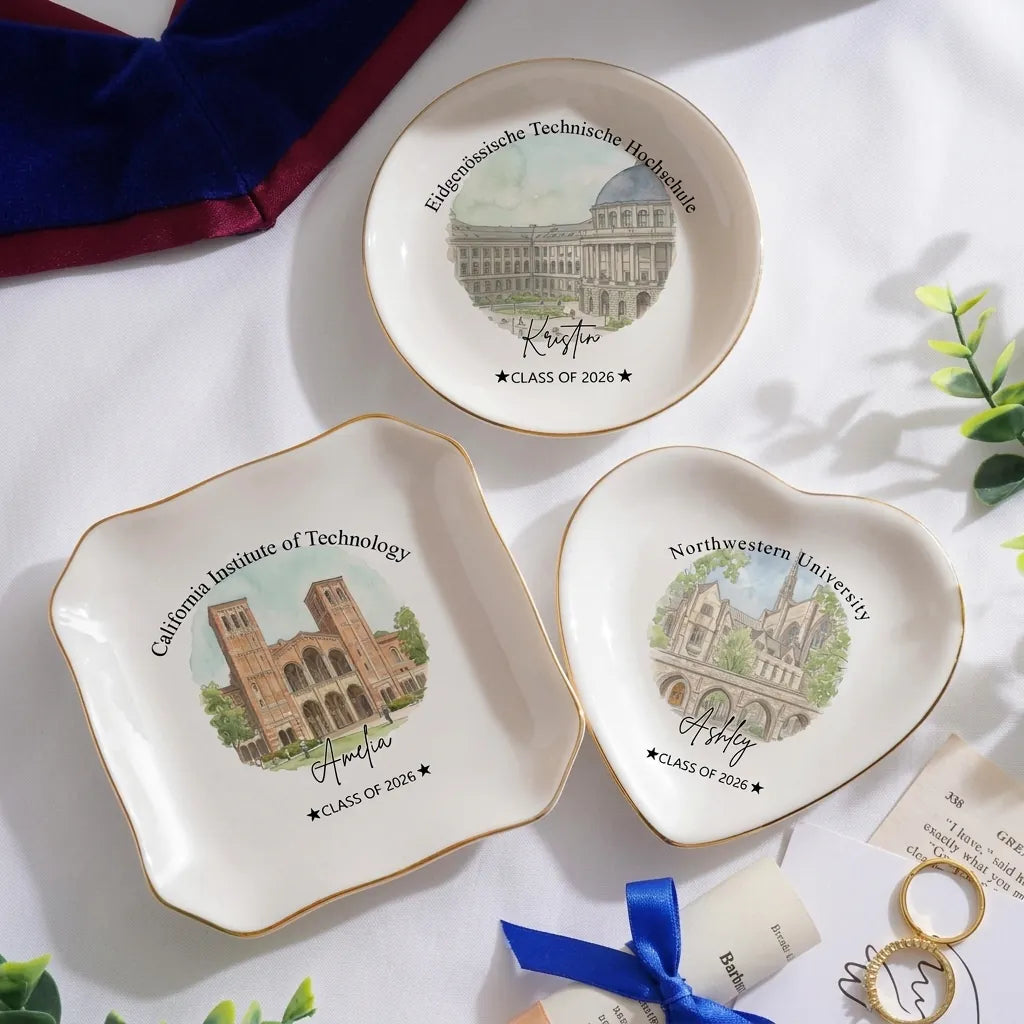 Custom photo graduation ring dish displayed elegantly on wooden bedroom nightstand