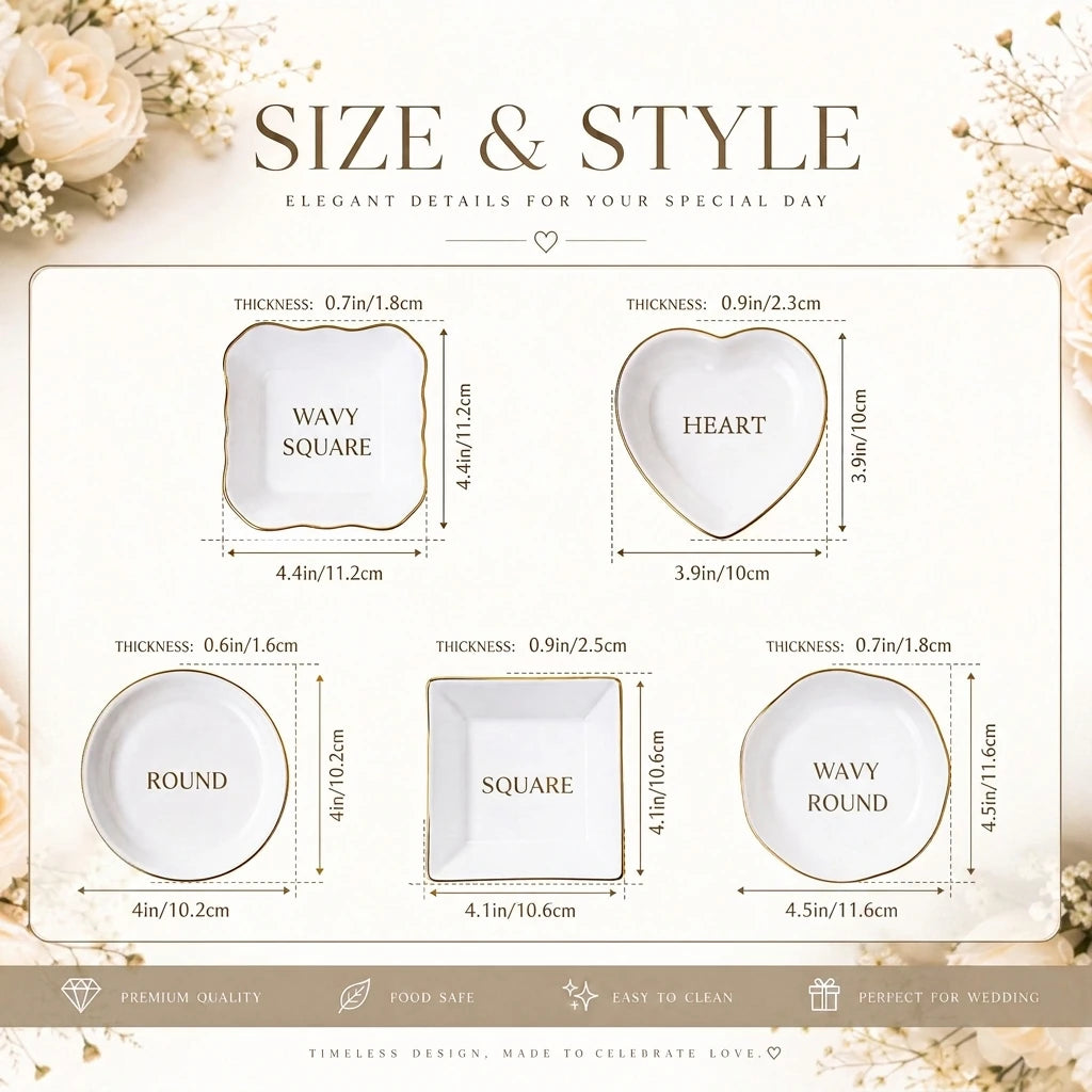 Shape and size options chart showing round, square, heart and scalloped ceramic ring dishes for graduation