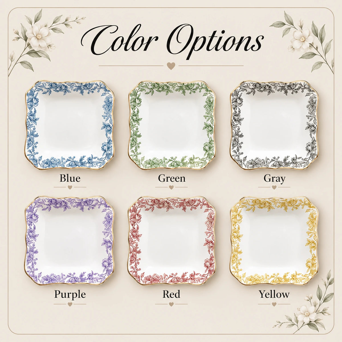 Personalized Engagement Ring Dish - Custom Names, Date, Design & Color - Floral Border