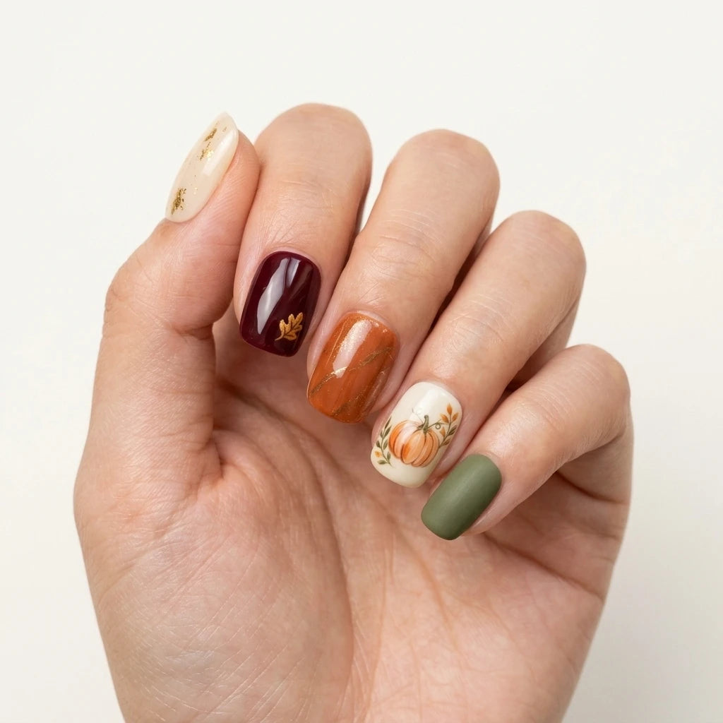 colorful 3d hand painted thanksgiving square short press on nails pumpkin chevron flat lay 05