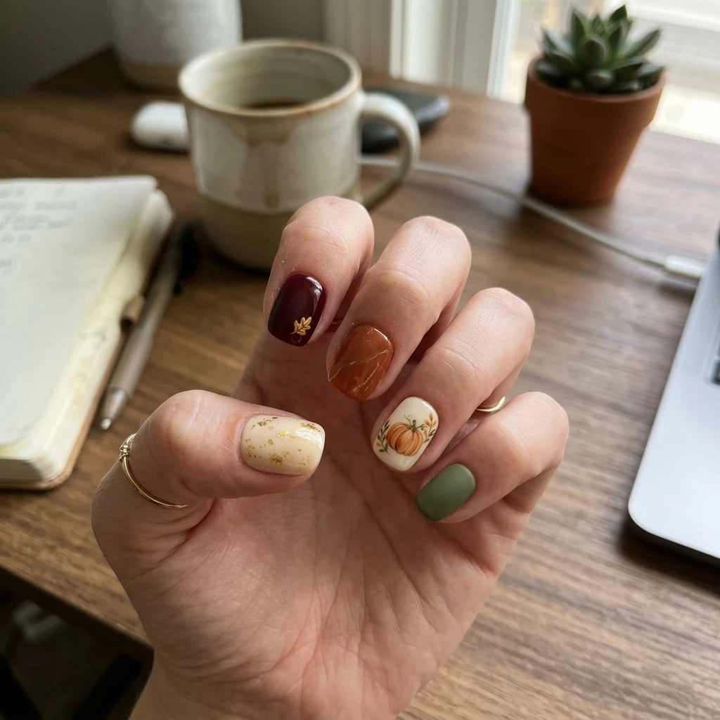 colorful 3d hand painted thanksgiving square short press on nails pumpkin chevron lifestyle 02