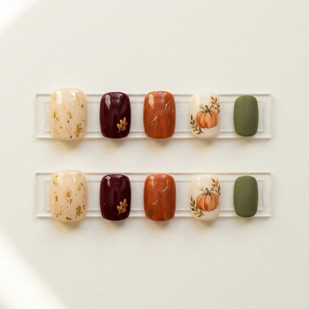 colorful 3d hand painted thanksgiving square short press on nails pumpkin chevron lifestyle 04