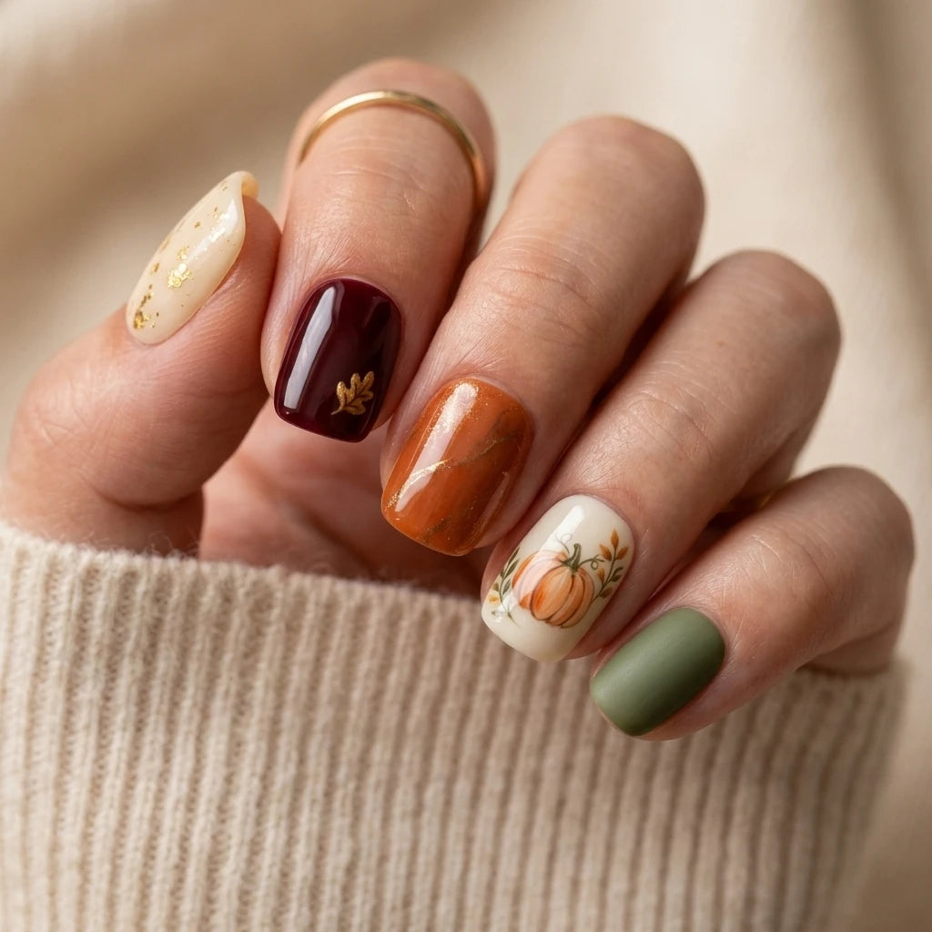 colorful 3d hand painted thanksgiving square short press on nails pumpkin chevron mockup 01