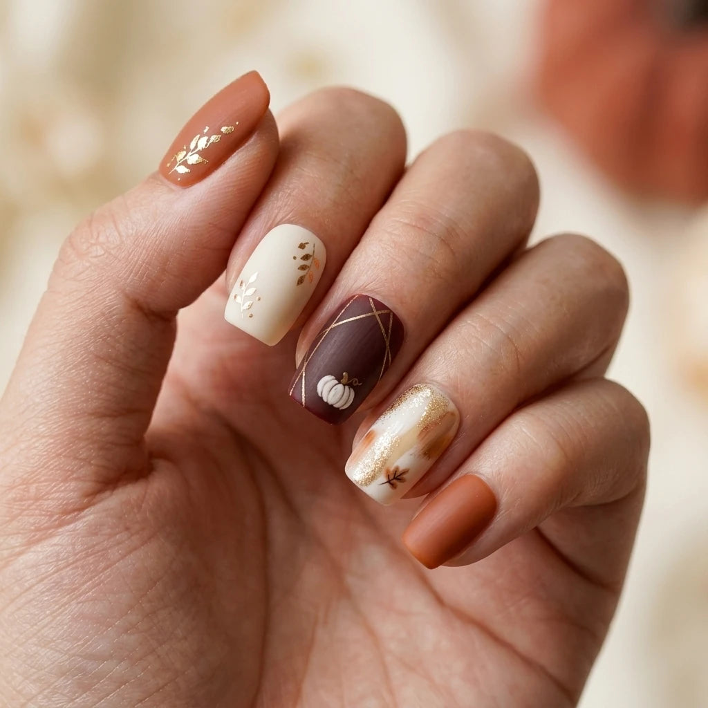 colorful 3d hand painted thanksgiving square short press on nails pumpkin leaf flat lay 03