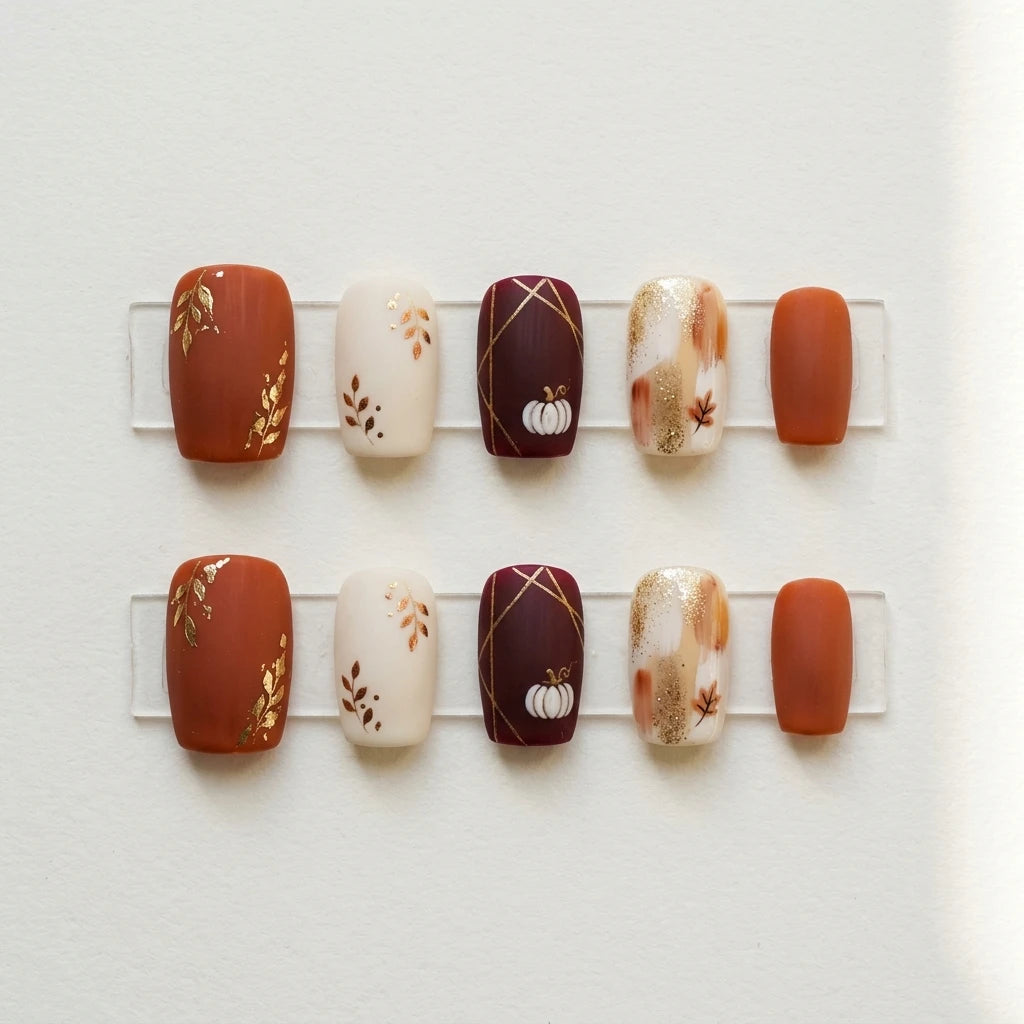 colorful 3d hand painted thanksgiving square short press on nails pumpkin leaf lifestyle 02