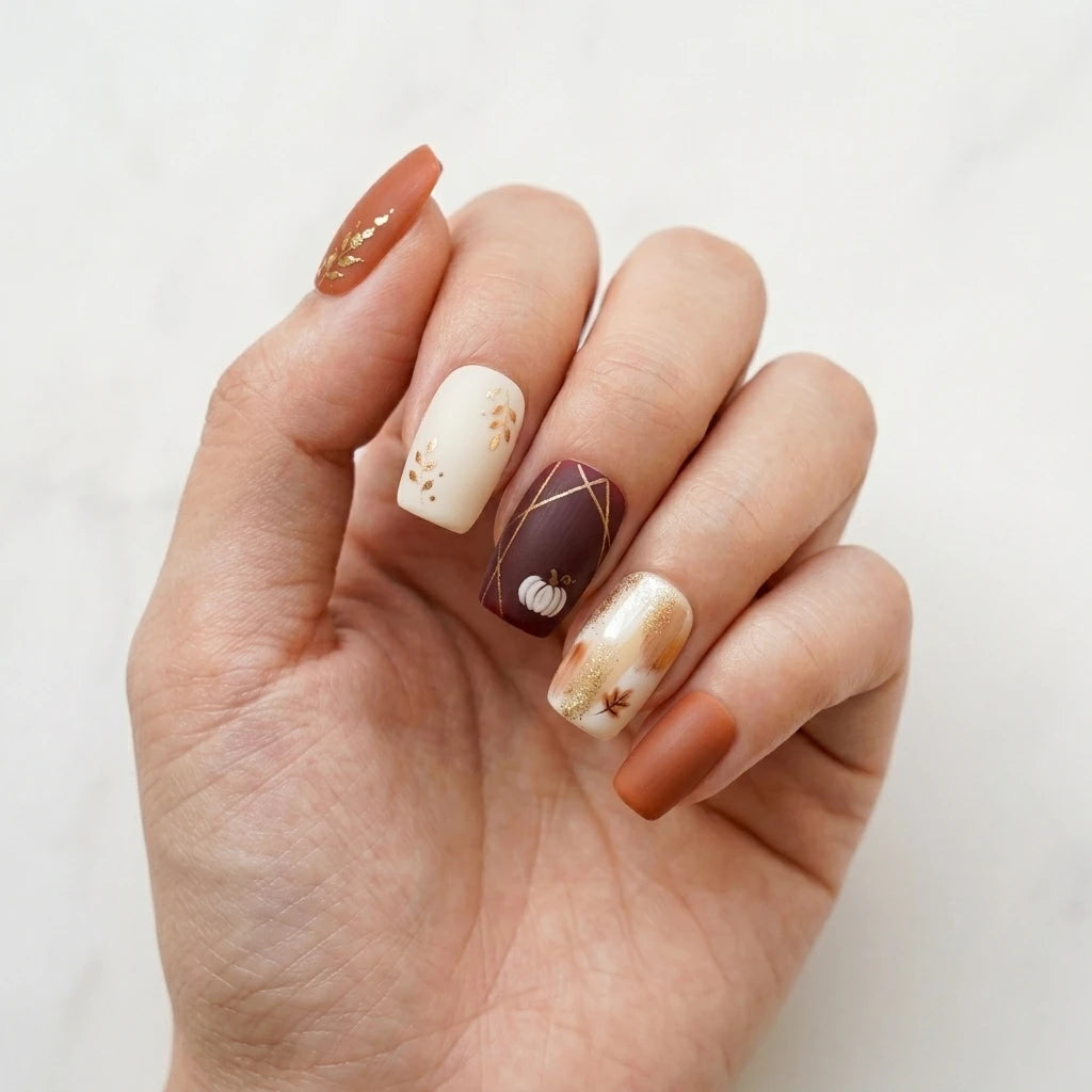 colorful 3d hand painted thanksgiving square short press on nails pumpkin leaf mockup 01