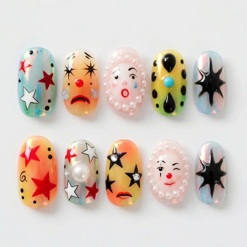 colorful 3d oval press on nails circus pearl clown face star flat lay 01