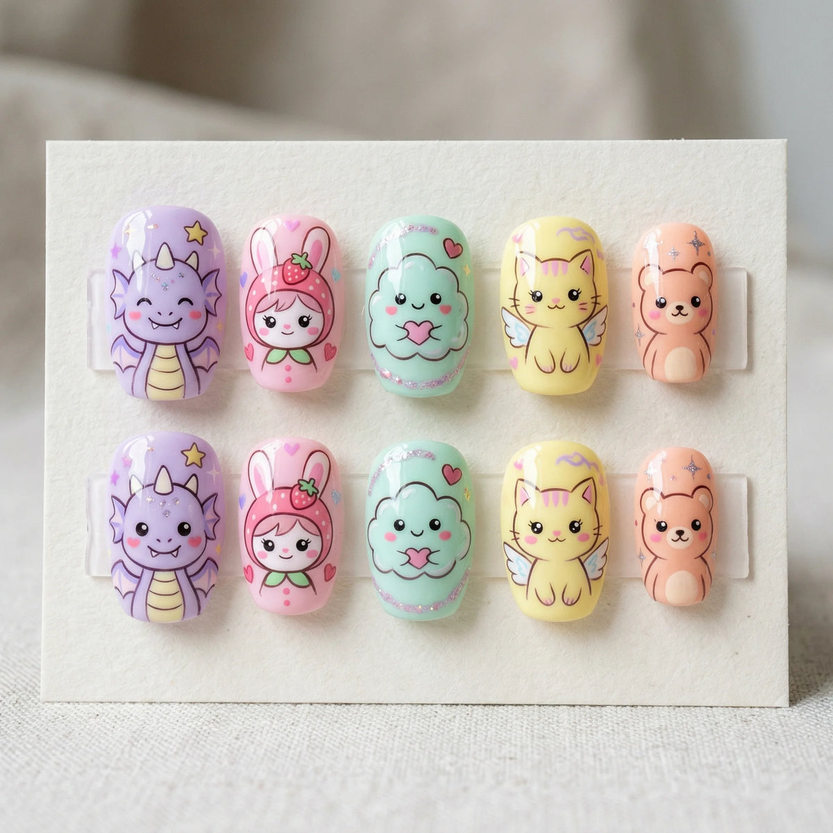 colorful hand painted short square press on nails kawaii animal flat lay 01