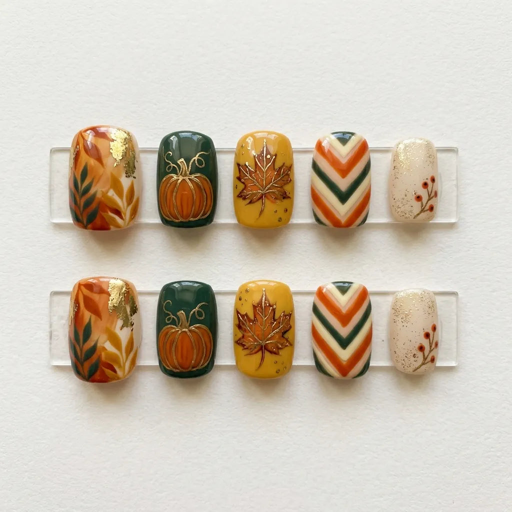 colorful hand painted thanksgiving square short press on nails pumpkin plaid heart lifestyle 02
