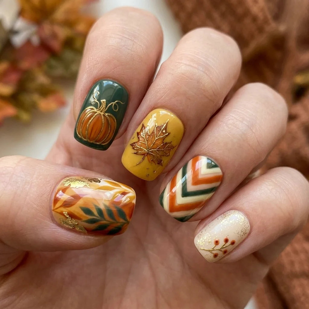 colorful hand painted thanksgiving square short press on nails pumpkin plaid heart lifestyle 03