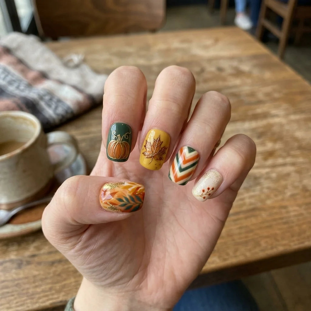 colorful hand painted thanksgiving square short press on nails pumpkin plaid heart lifestyle 04