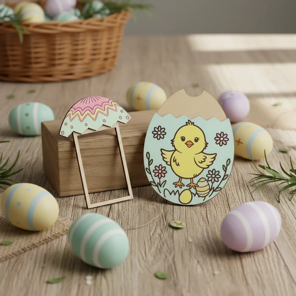 Easter-themed decorations with a wooden money holder, chick design, and colorful eggs on a wooden surface.