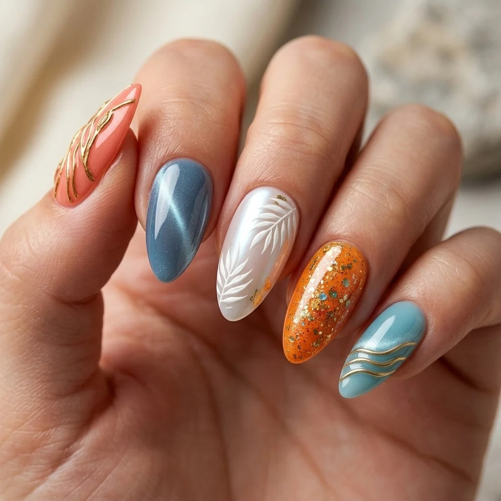coral blue orange 3d glitter almond press on nails botanical swirl glitter detail 06