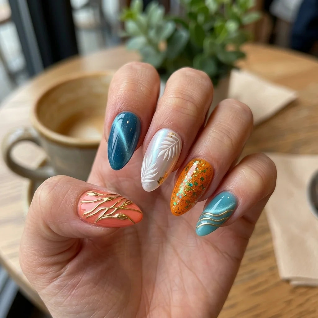 coral blue orange 3d glitter almond press on nails botanical swirl glitter lifestyle 05