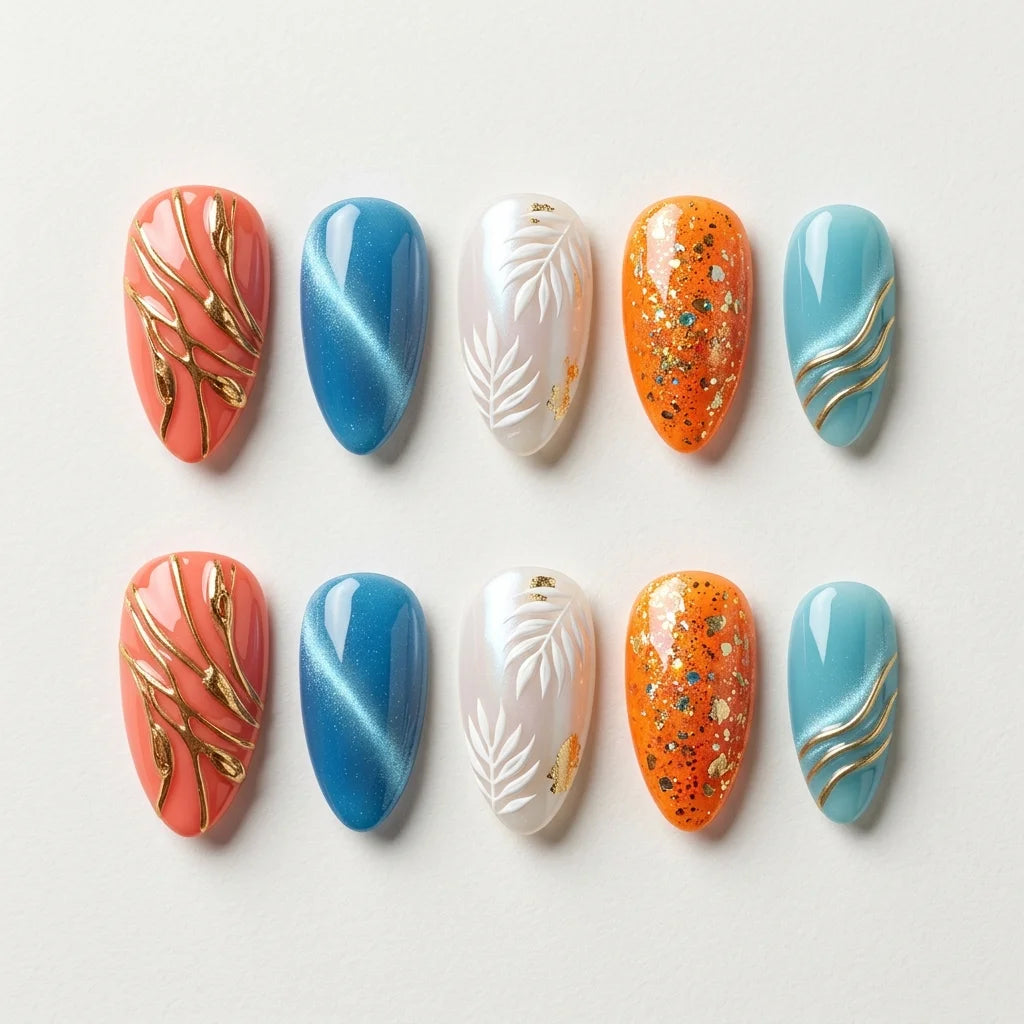 coral blue orange 3d glitter almond press on nails botanical swirl glitter mockup 02
