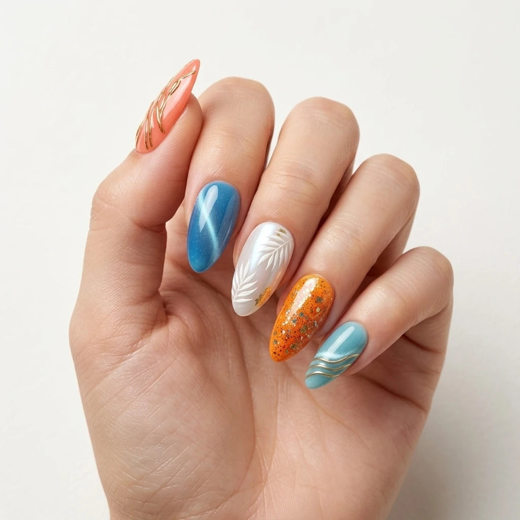 coral blue orange 3d glitter almond press on nails botanical swirl glitter mockup 03