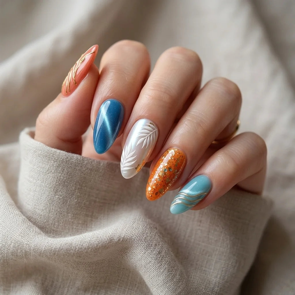 coral blue orange 3d glitter almond press on nails botanical swirl glitter mockup 04