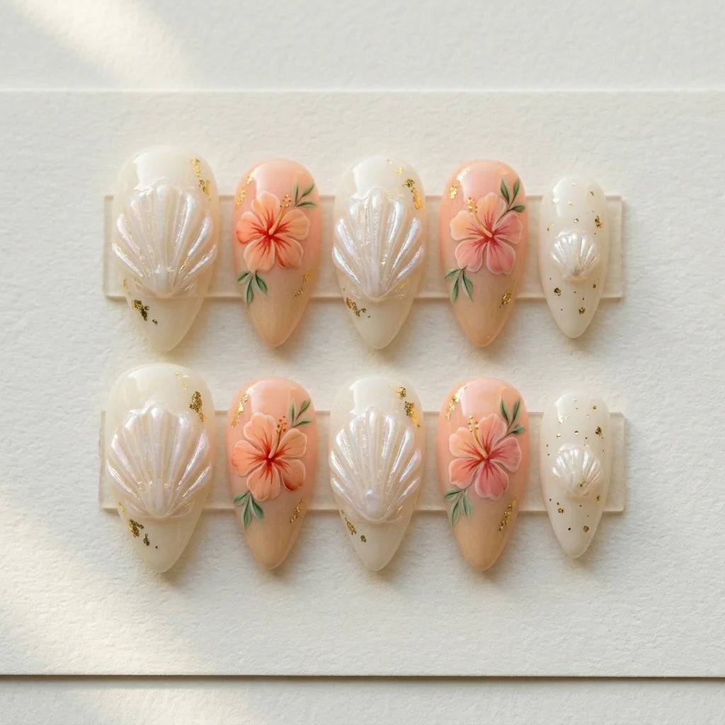 coral ivory 3d hand painted almond press on nails seashell flower gold flake flat lay 03