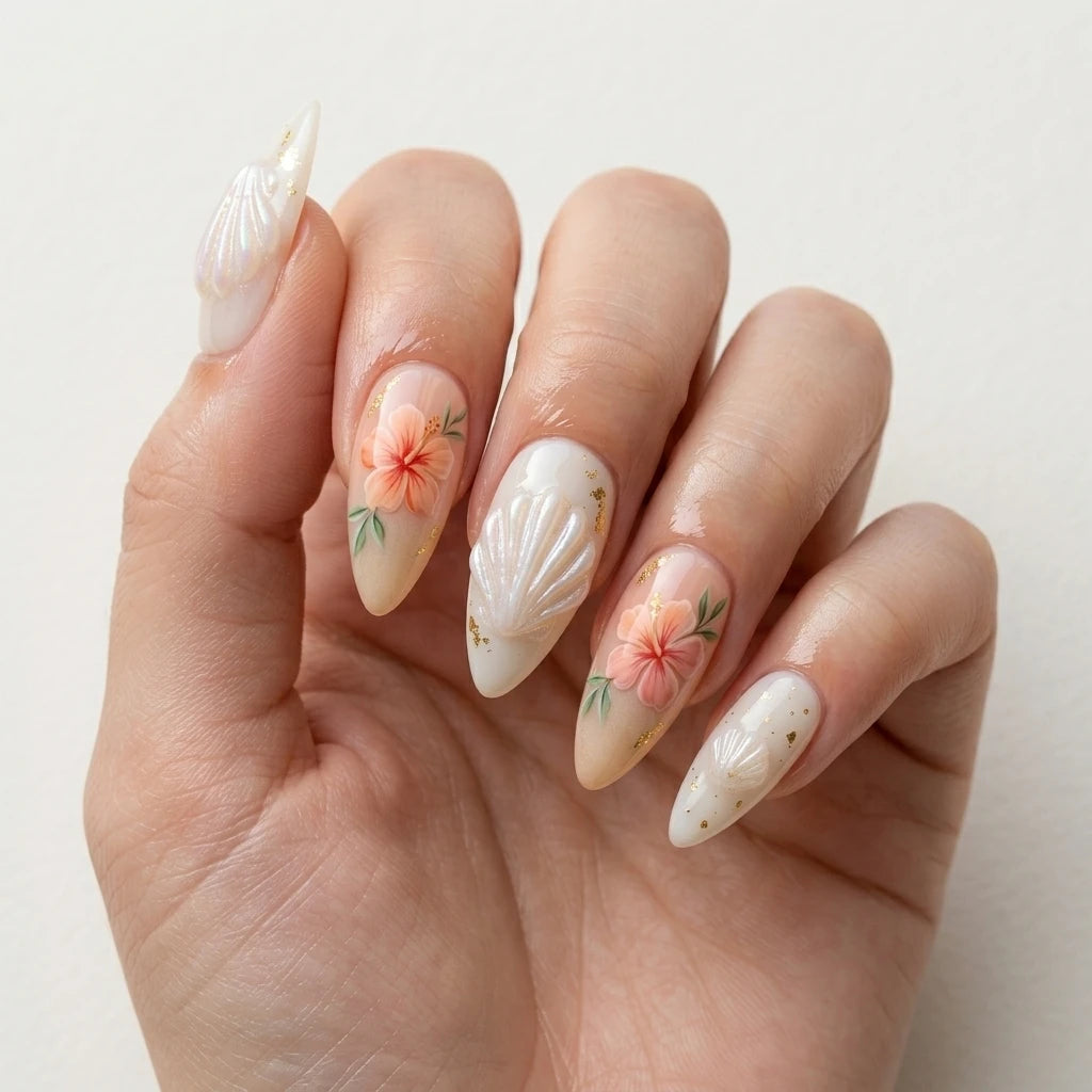 coral ivory 3d hand painted almond press on nails seashell flower gold flake lifestyle 02