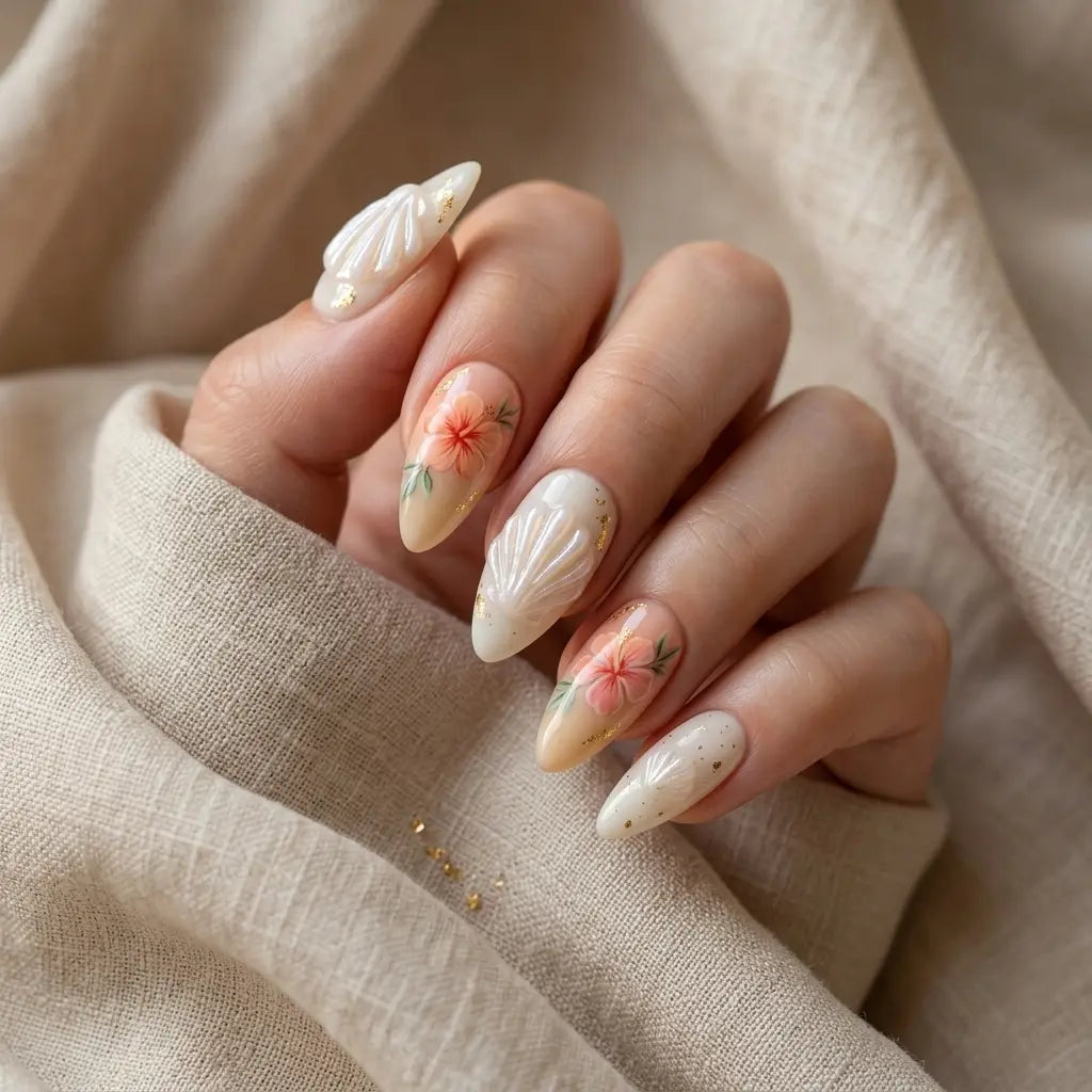 coral ivory 3d hand painted almond press on nails seashell flower gold flake mockup 01