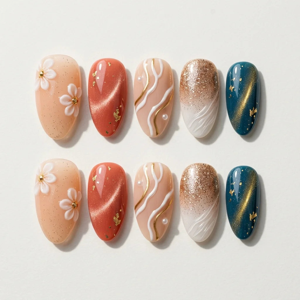 coral nude teal 3d cat eye almond press on nails peony bloom swirl detail 04
