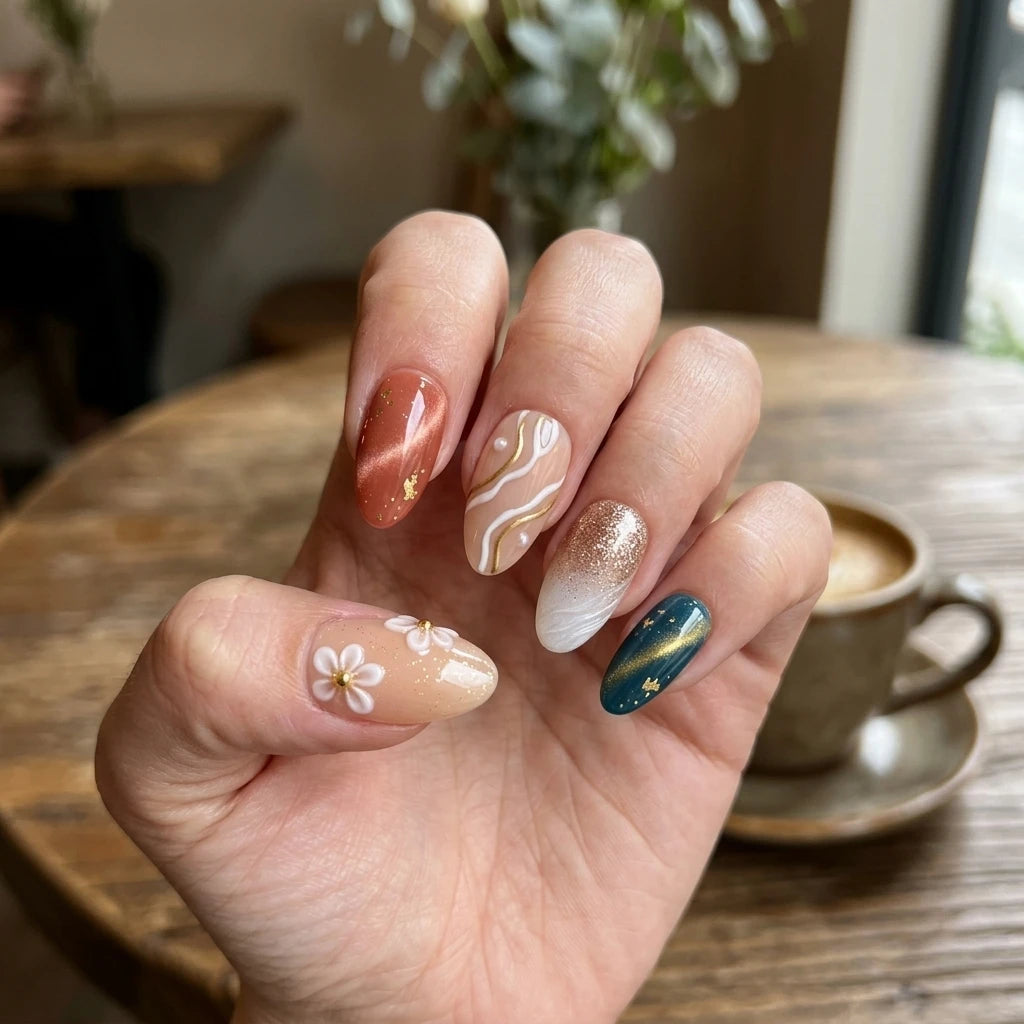 coral nude teal 3d cat eye almond press on nails peony bloom swirl lifestyle 03