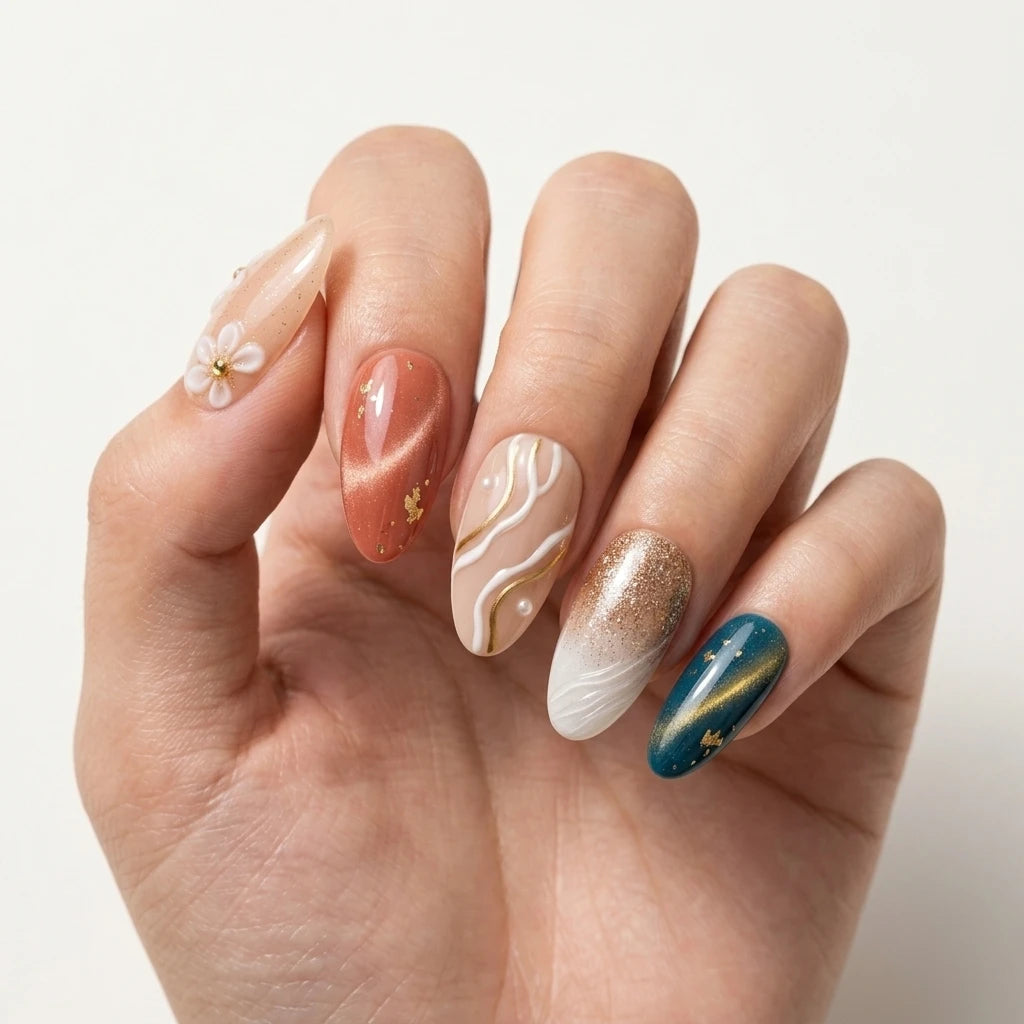 coral nude teal 3d cat eye almond press on nails peony bloom swirl mockup 01