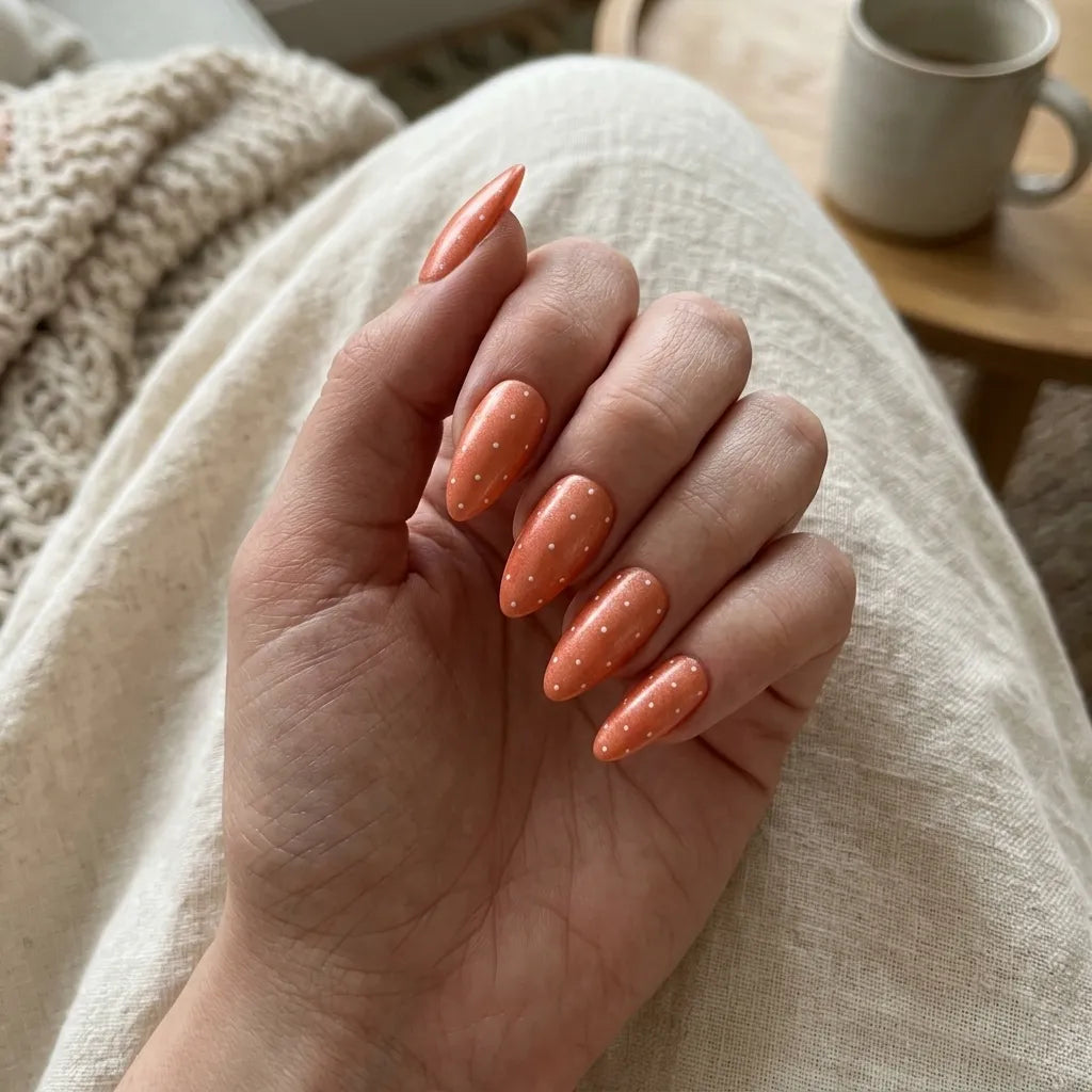 coral orange hand painted almond press on nails white dots detail 01