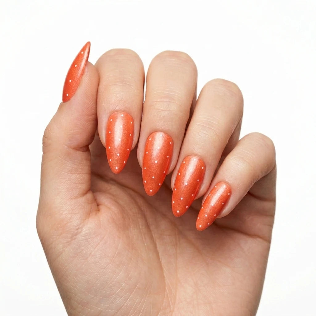 coral orange hand painted almond press on nails white dots flat lay 01
