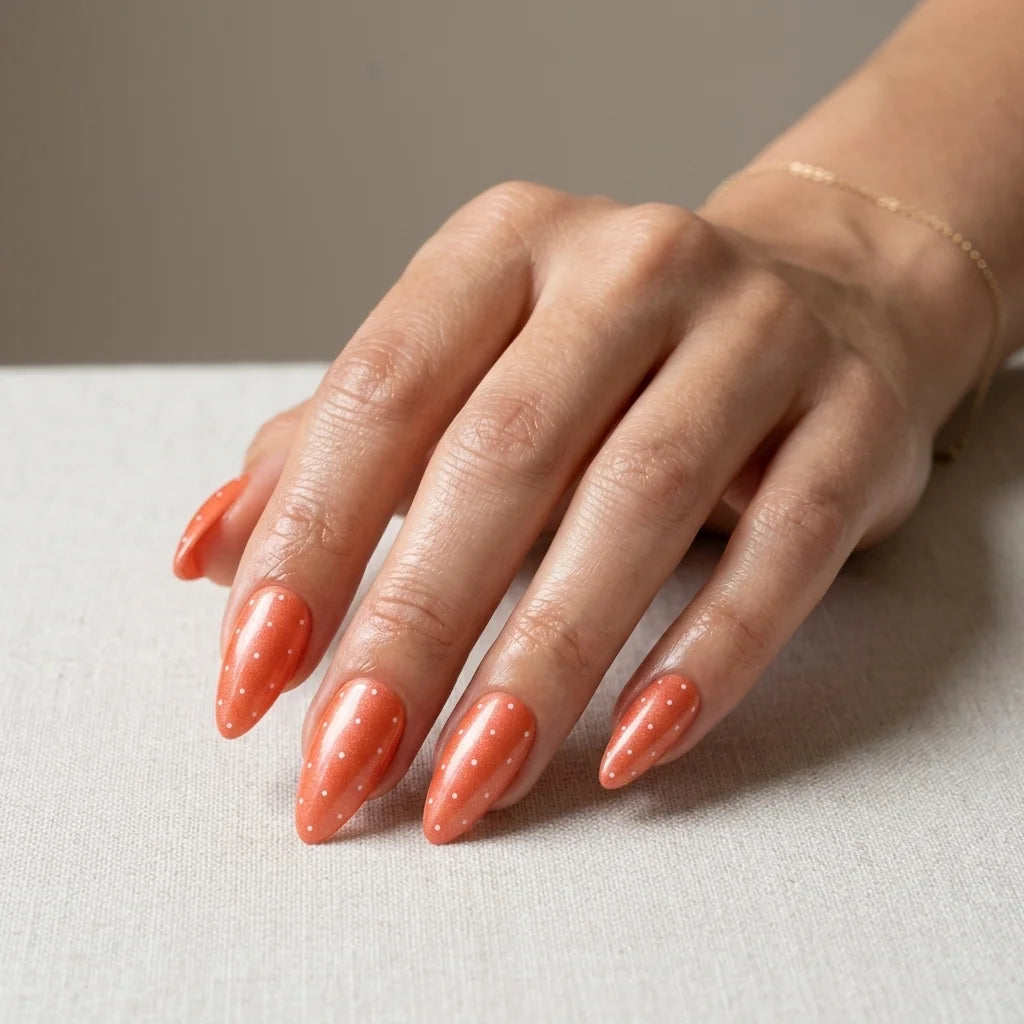 coral orange hand painted almond press on nails white dots flat lay 01