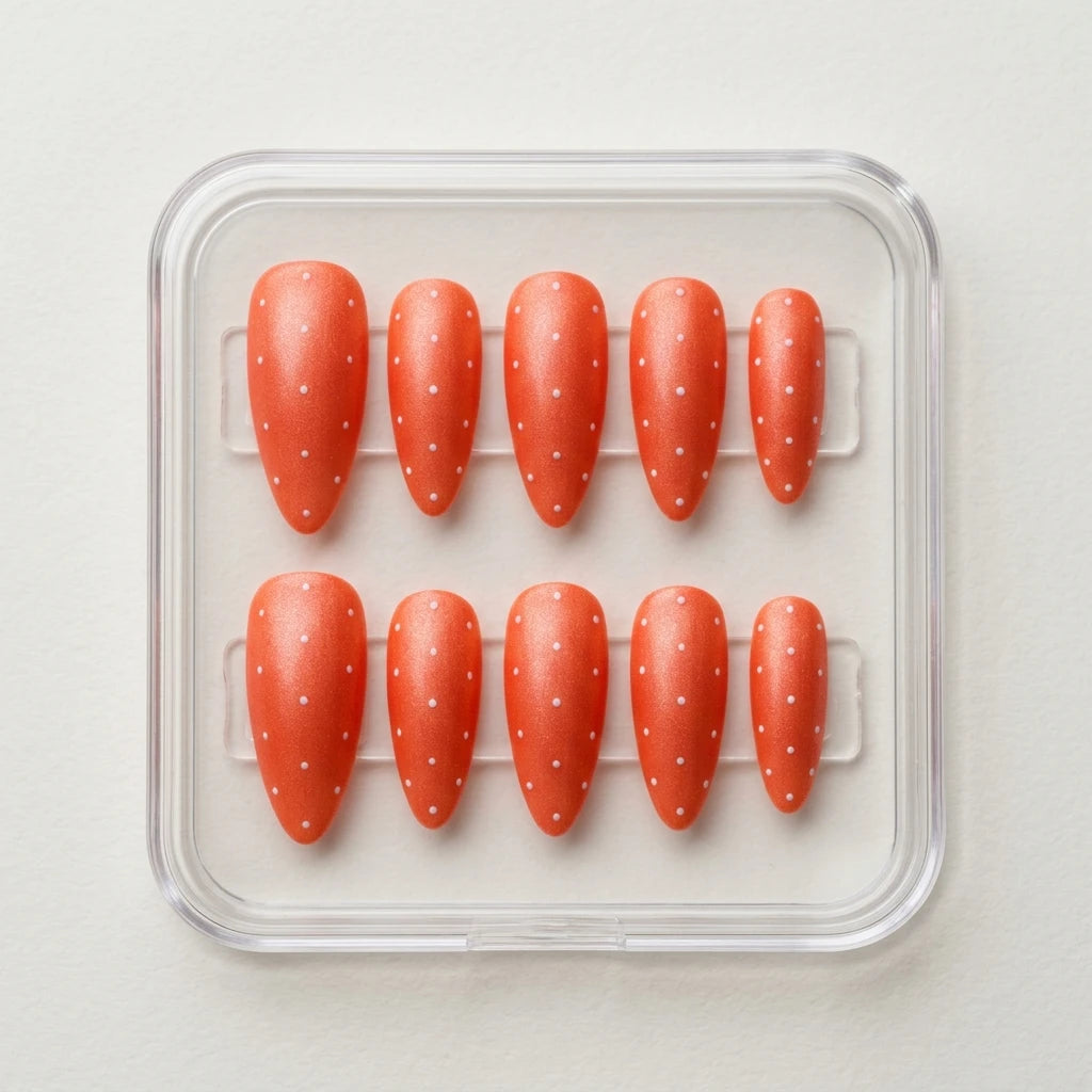 coral orange hand painted almond press on nails white dots mockup 01