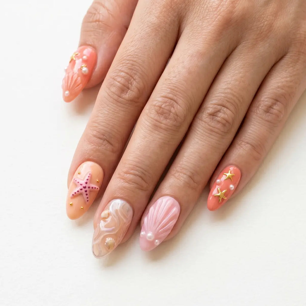 coral peach gold 3d almond press on nails seashell starfish pearl detail 03
