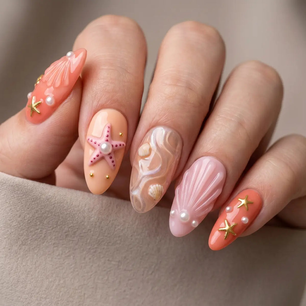 coral peach gold 3d almond press on nails seashell starfish pearl lifestyle 02