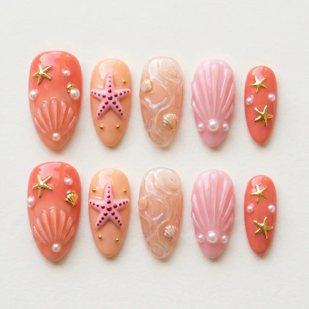 coral peach gold 3d almond press on nails seashell starfish pearl mockup 01
