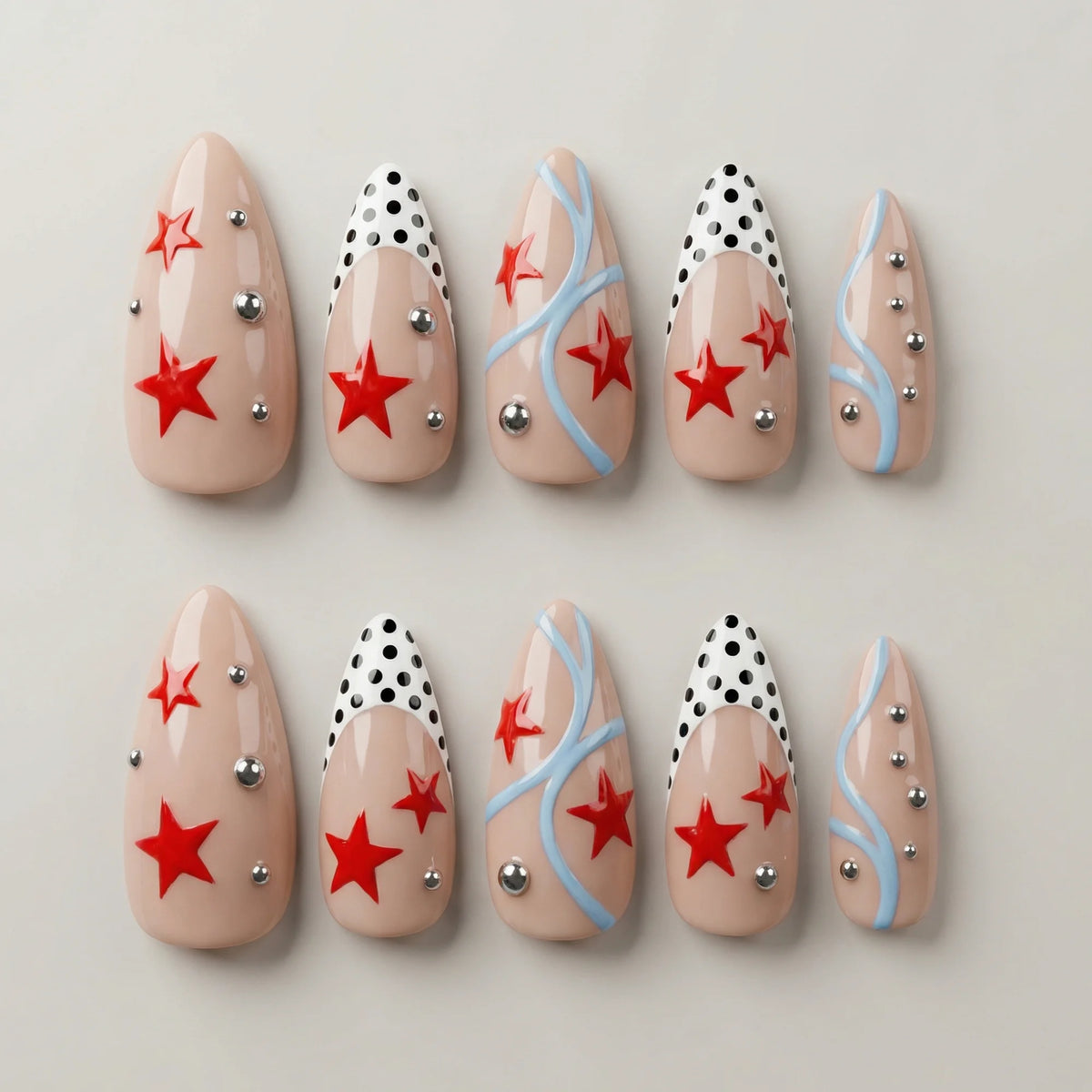 coral red hand painted stiletto medium press on nails flat lay 01