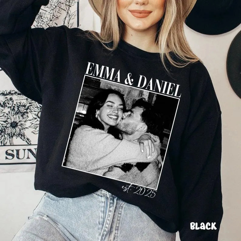 couple-keepsake-custom-photo-names-year-engagement-comfort-colors-t-shirt custom photo Comfort Colors T-Shirt model mockup preview 01