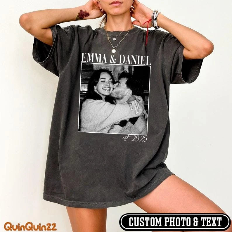 couple-keepsake-custom-photo-names-year-engagement-comfort-colors-t-shirt custom photo Comfort Colors T-Shirt model mockup preview 03