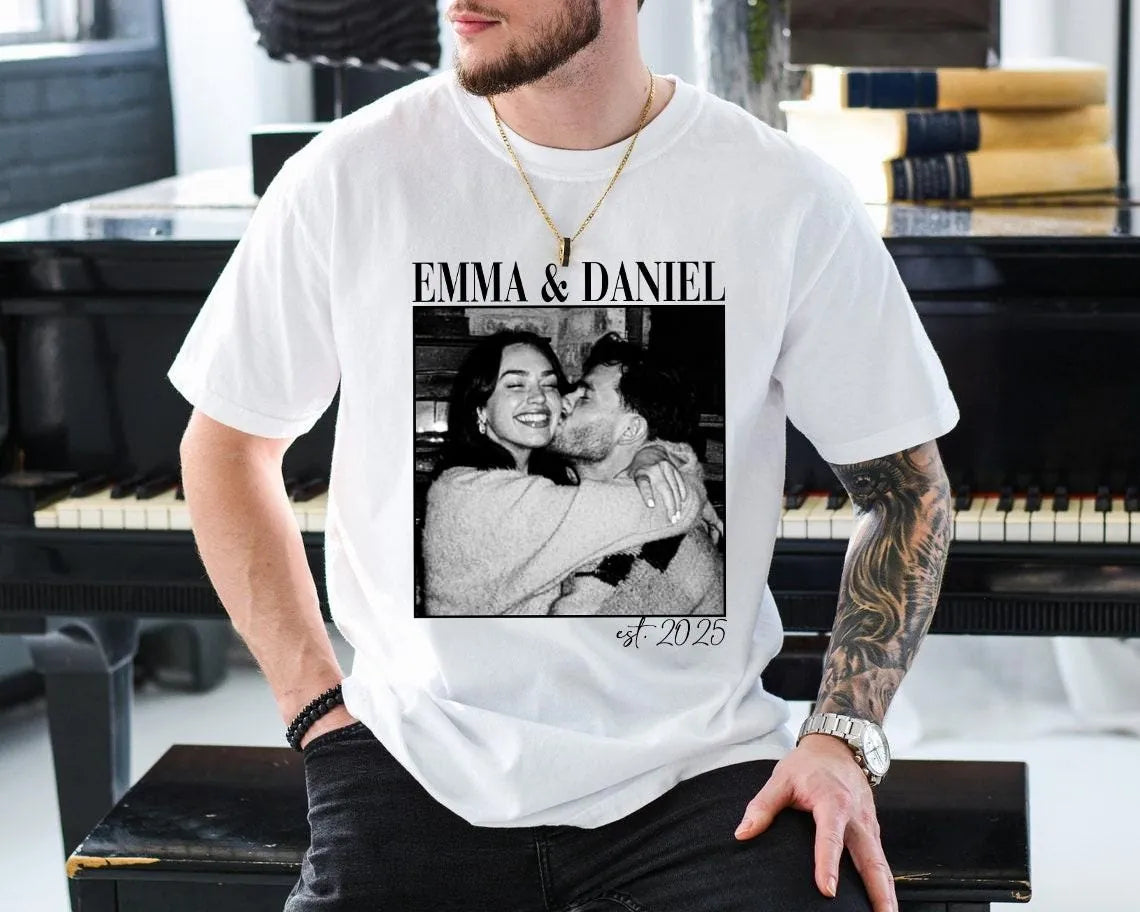 couple-keepsake-custom-photo-names-year-engagement-comfort-colors-t-shirt custom photo Comfort Colors T-Shirt model mockup preview 04