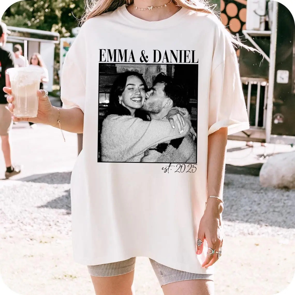 couple-keepsake-custom-photo-names-year-engagement-comfort-colors-t-shirt custom photo Comfort Colors T-Shirt model mockup preview 05