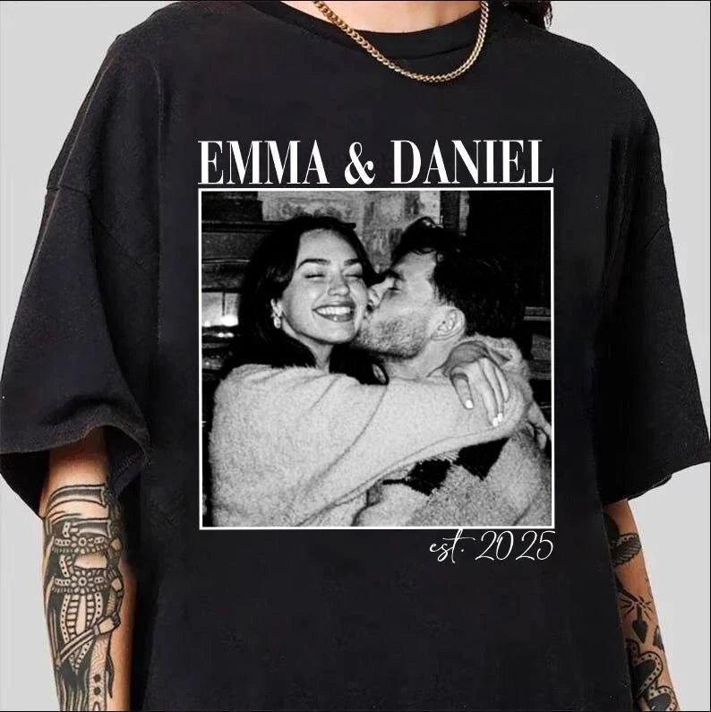 couple-keepsake-custom-photo-names-year-engagement-comfort-colors-t-shirt custom photo Comfort Colors T-Shirt model mockup preview 06