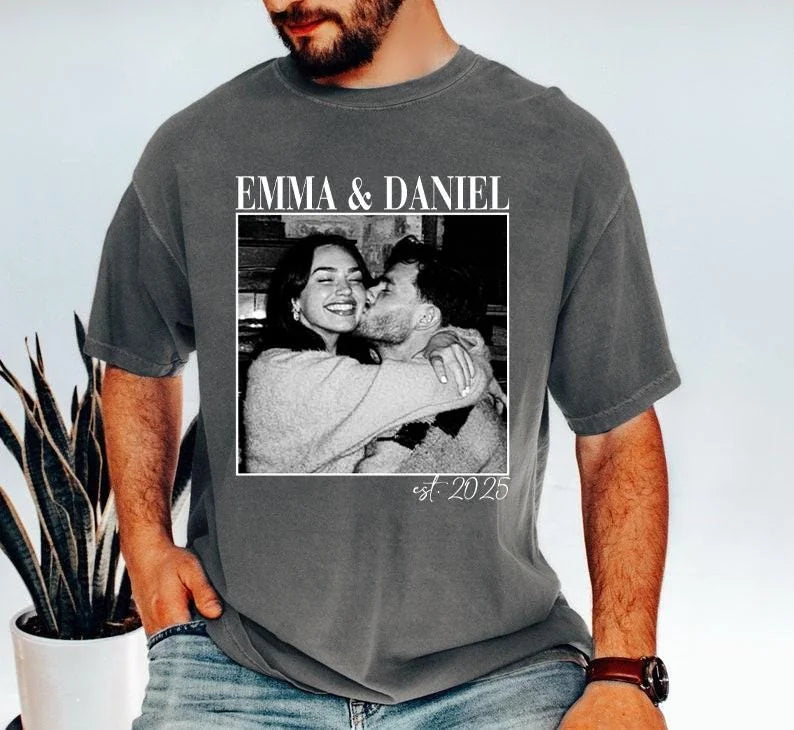 couple-keepsake-custom-photo-names-year-engagement-comfort-colors-t-shirt custom photo Comfort Colors T-Shirt model mockup preview 07