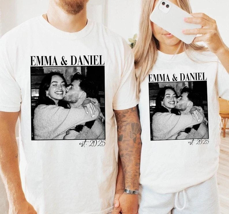 couple-keepsake-custom-photo-names-year-engagement-comfort-colors-t-shirt custom photo Comfort Colors T-Shirt model mockup preview 08