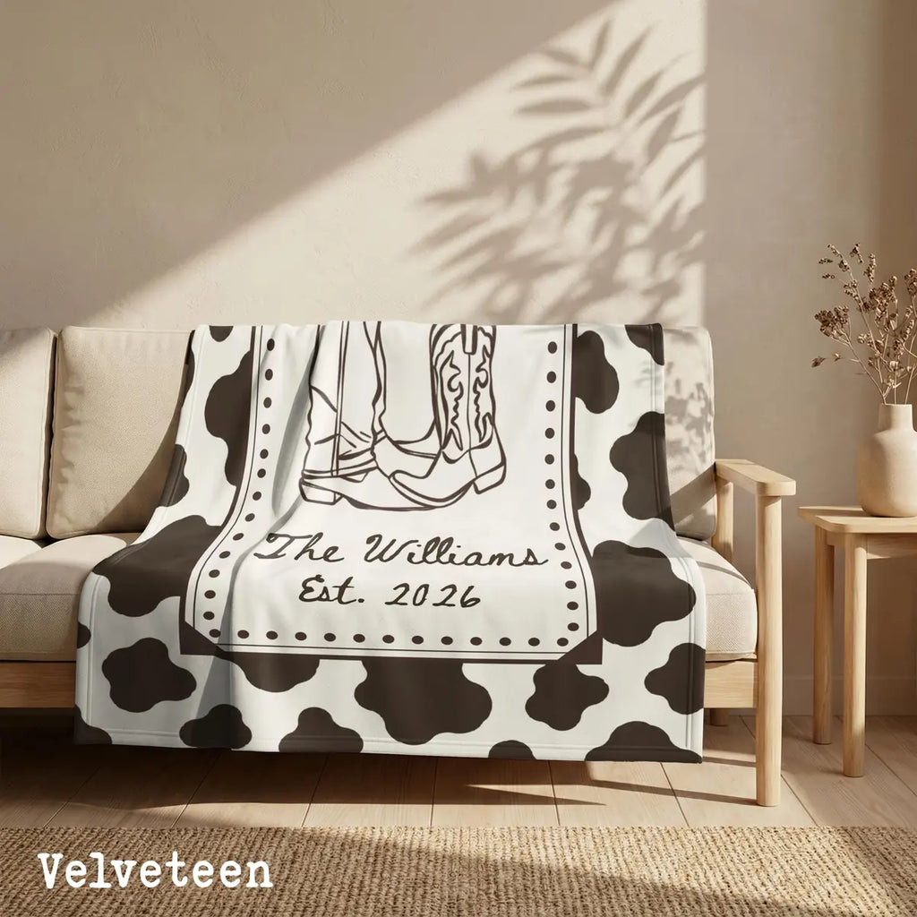 Personalized cow print western woven blanket with fringe trim