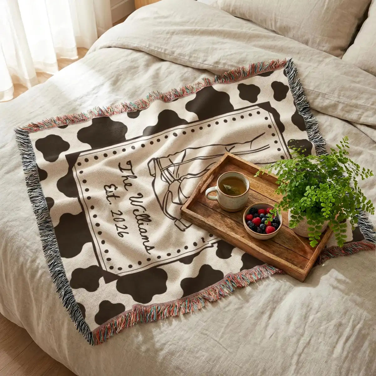 Size chart and care instructions for the woven blanket