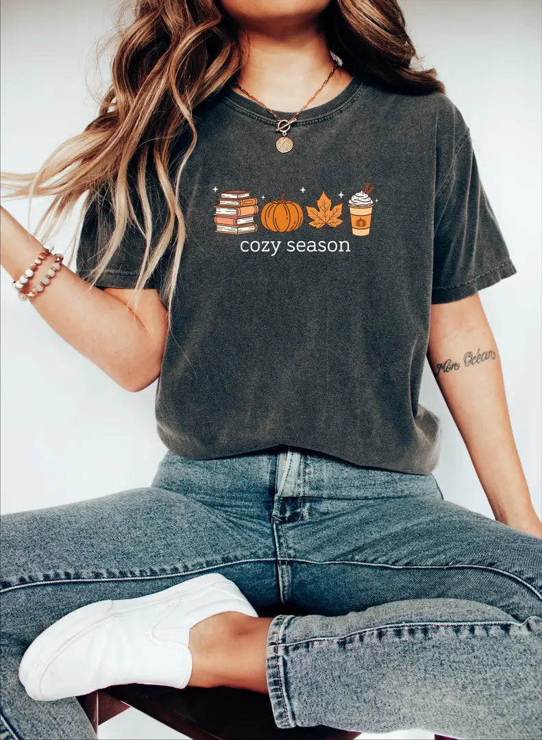 Cozy Season graphic Comfort Colors T-shirt, additional product photograph.
