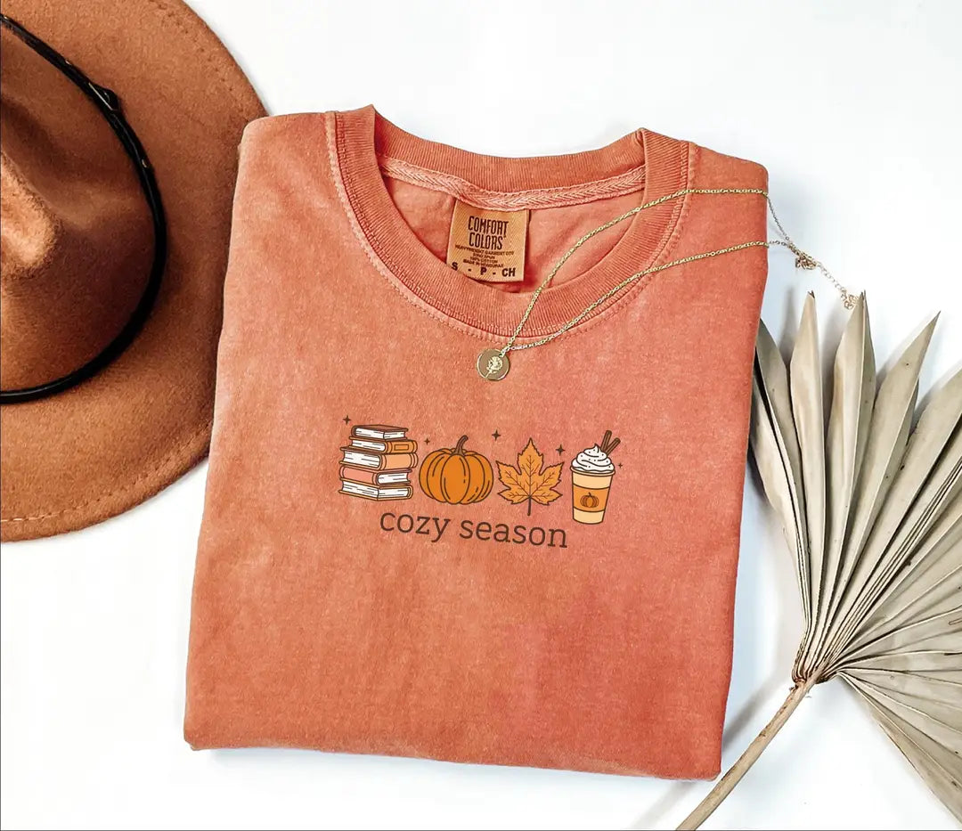 Cozy Season graphic Comfort Colors T-shirt, additional product photograph.